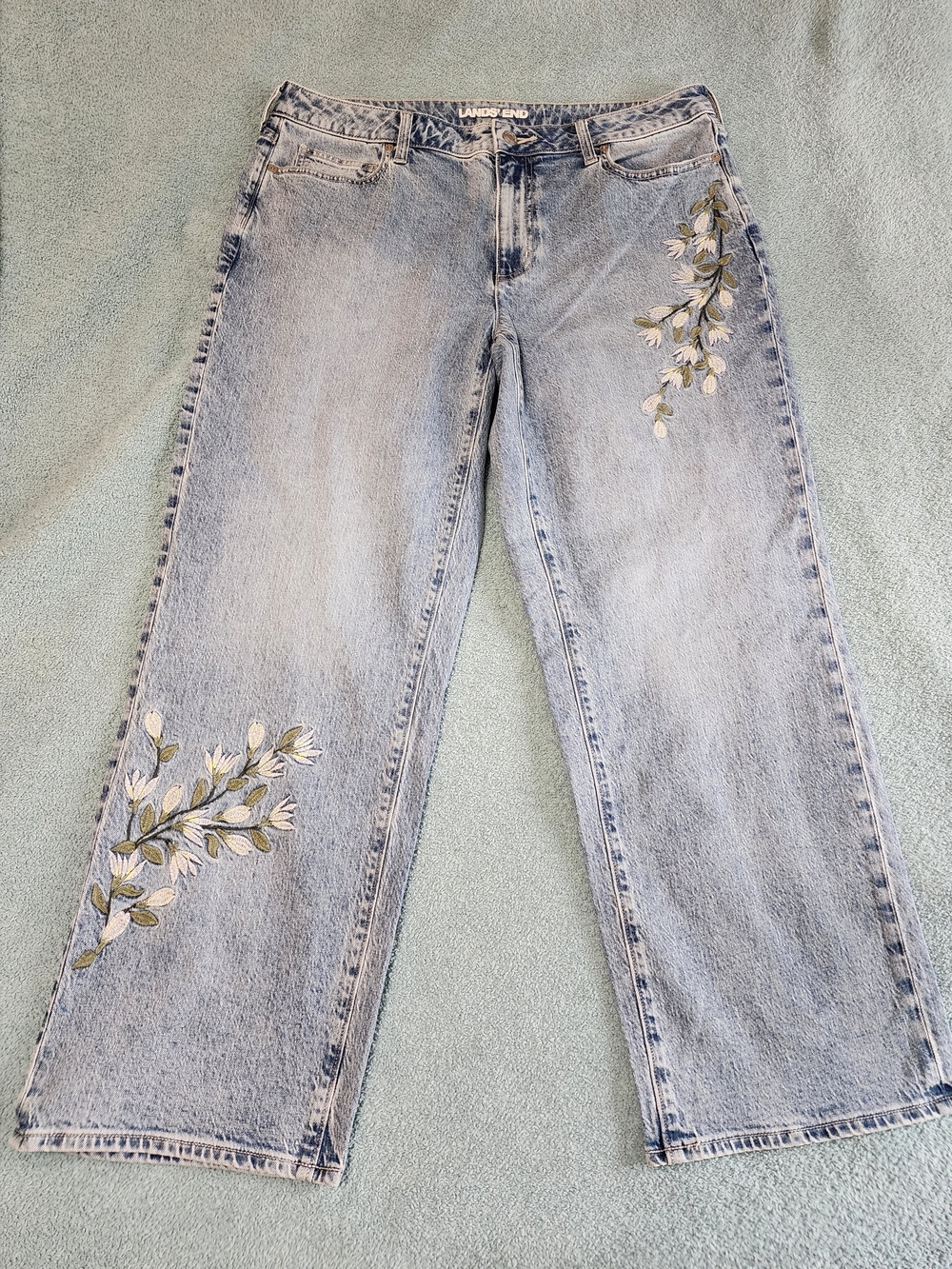 Lands' End Light Wash Straight-Leg Jeans with White & Green Floral Embroidery